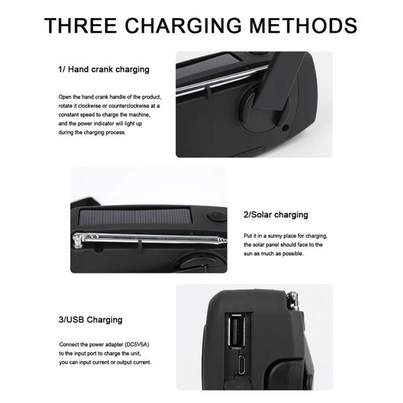 Emergency  Radio Crank Solar Hand Weather 2000mAh Power Bank Charger Flash Light - Picture 3 of 10